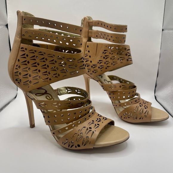 Sam Edelman Nude Buff Laser Cutouts Caged Open Toe Pumps Sz 8.5 Wedding Party - Picture 2 of 12